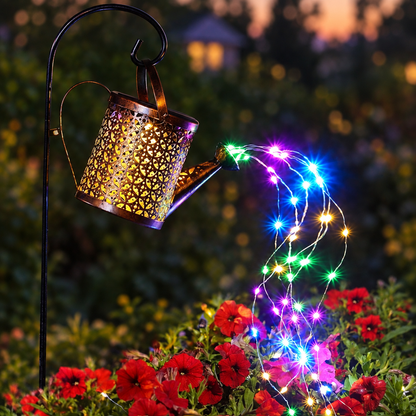 Solar Watering Can Garden Light, Hollow Metal, Brass-Tone