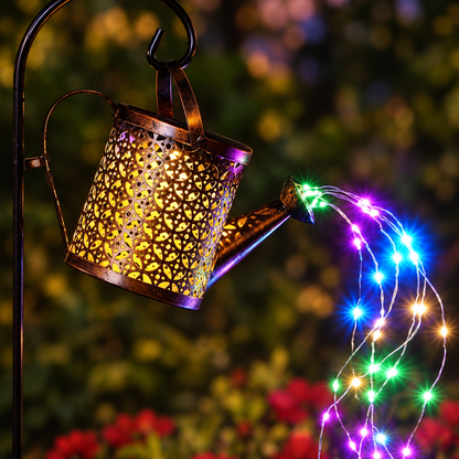 Solar Watering Can Garden Light, Hollow Metal, Brass-Tone