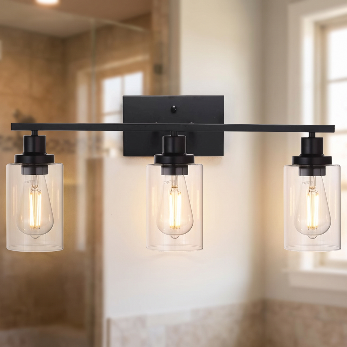3-Light Wall Sconce with Clear Glass Shades, Matte Black