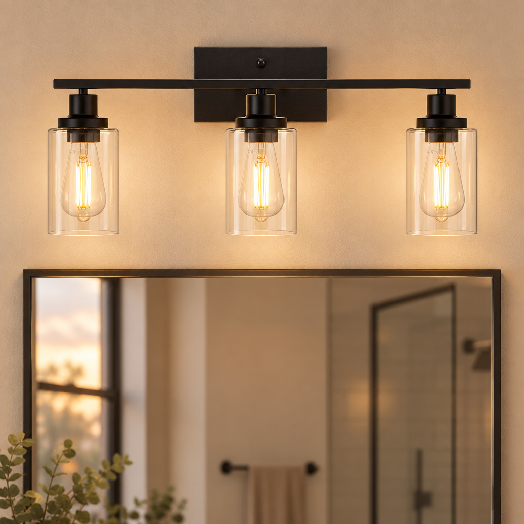 3-Light Wall Sconce with Clear Glass Shades, Matte Black