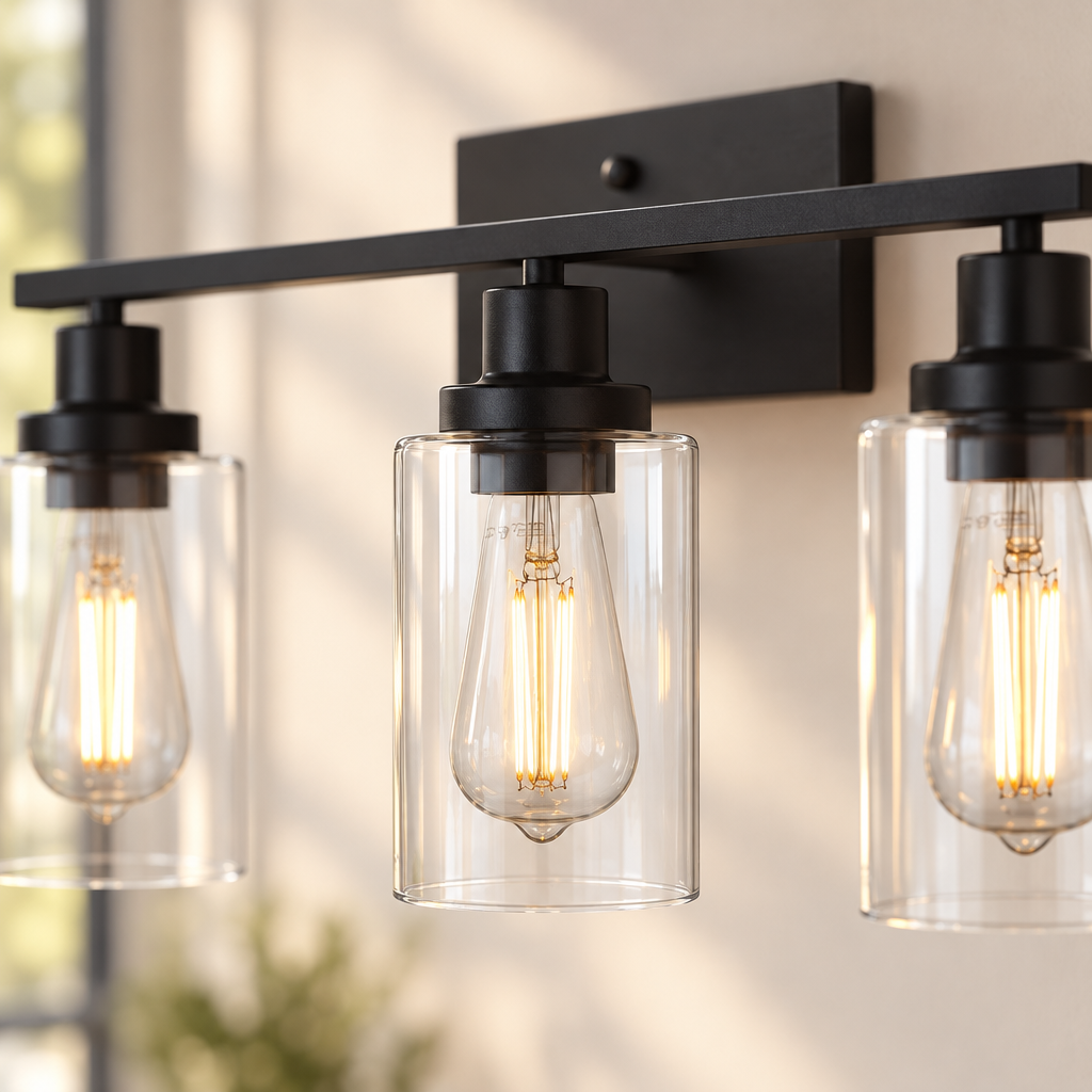 3-Light Wall Sconce with Clear Glass Shades, Matte Black
