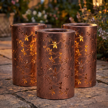 Wrought Iron Solar Lanterns, Hollow Cylinder, 3 Pack