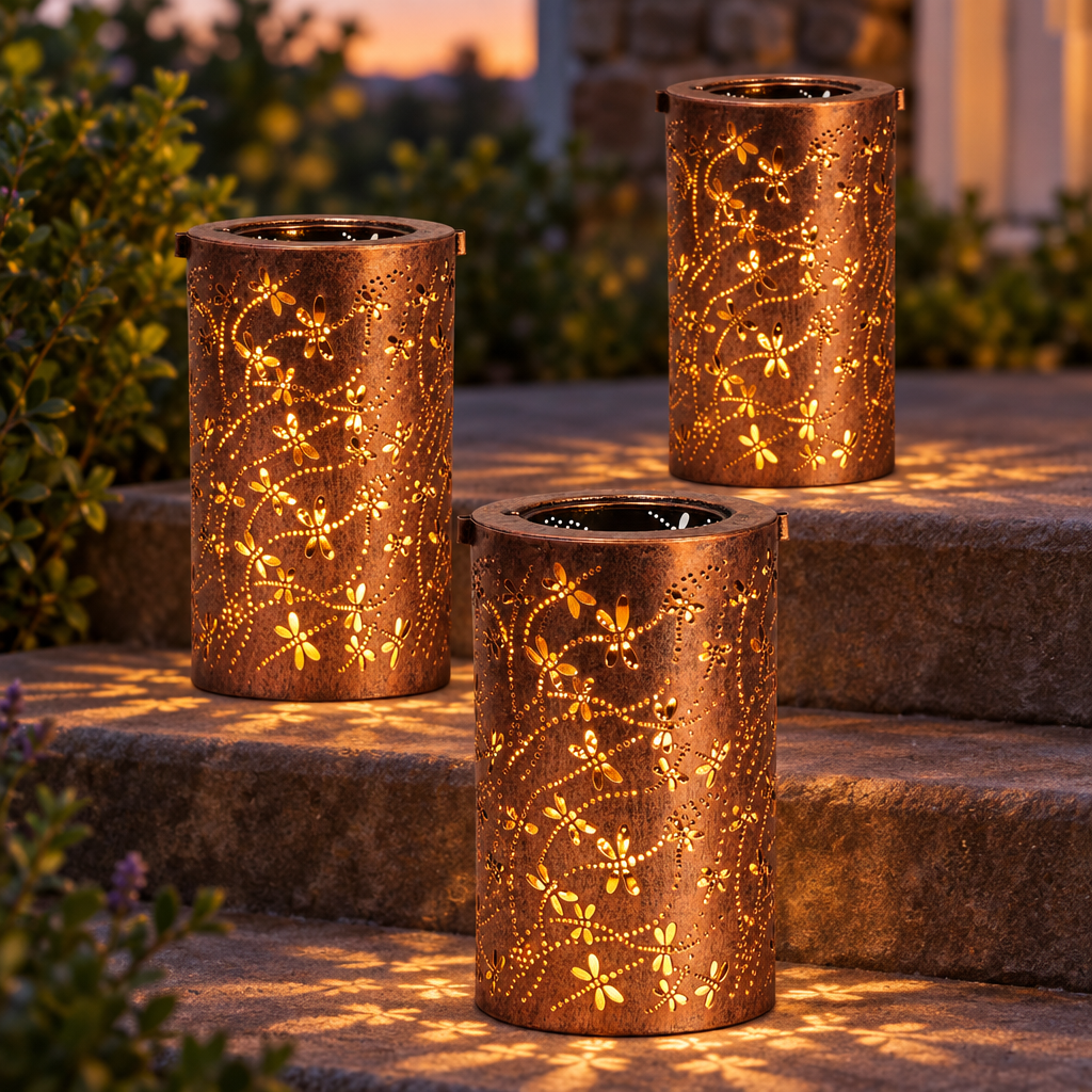 Wrought Iron Solar Lanterns, Hollow Cylinder, 3 Pack