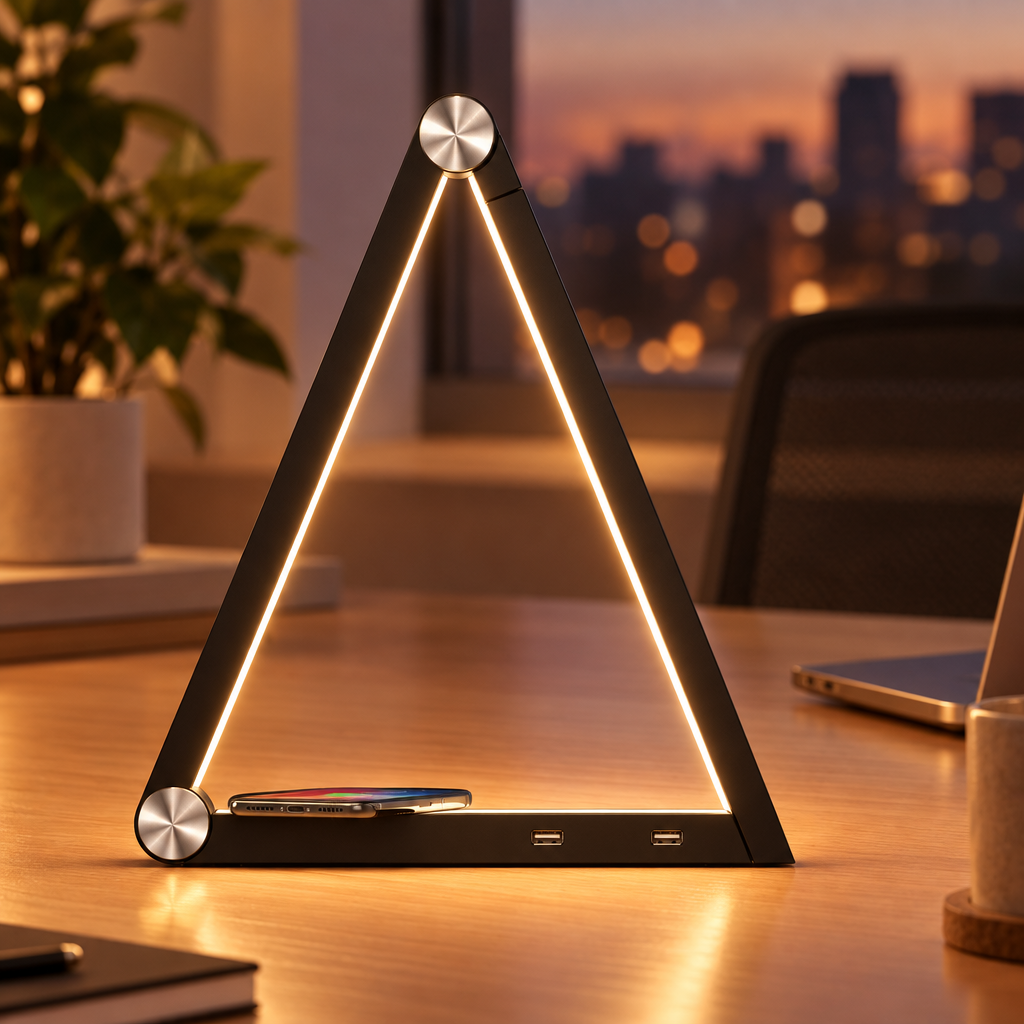Triangle LED Table Lamp with Wireless Charging, Touch Dimming, US Plug