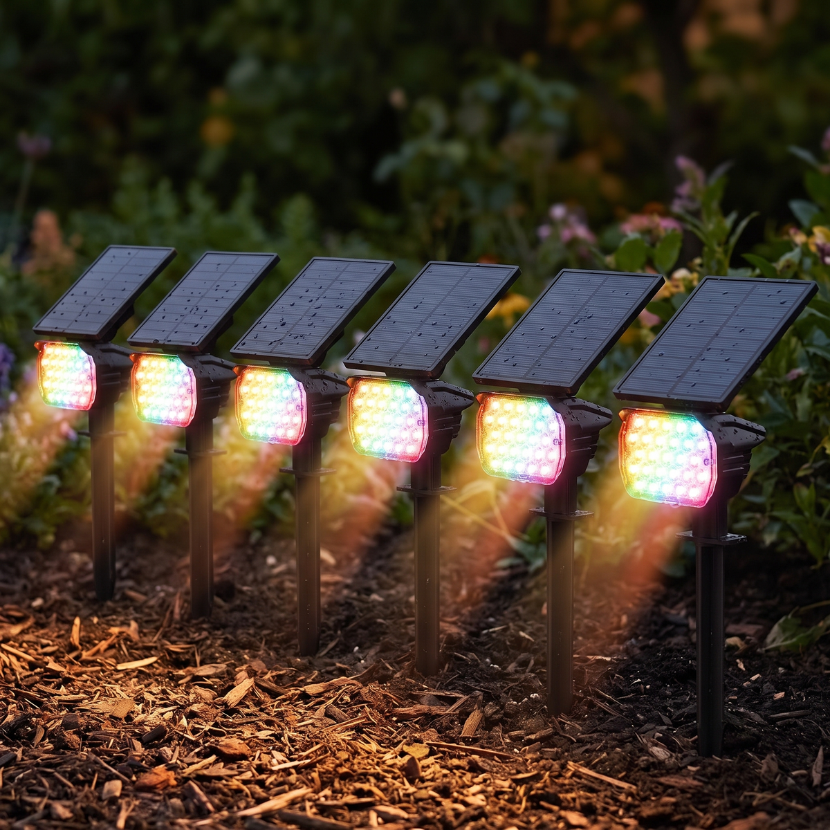 Solar LED Spotlights, 6 Pack, 92 LED, IP67, Colorful Light