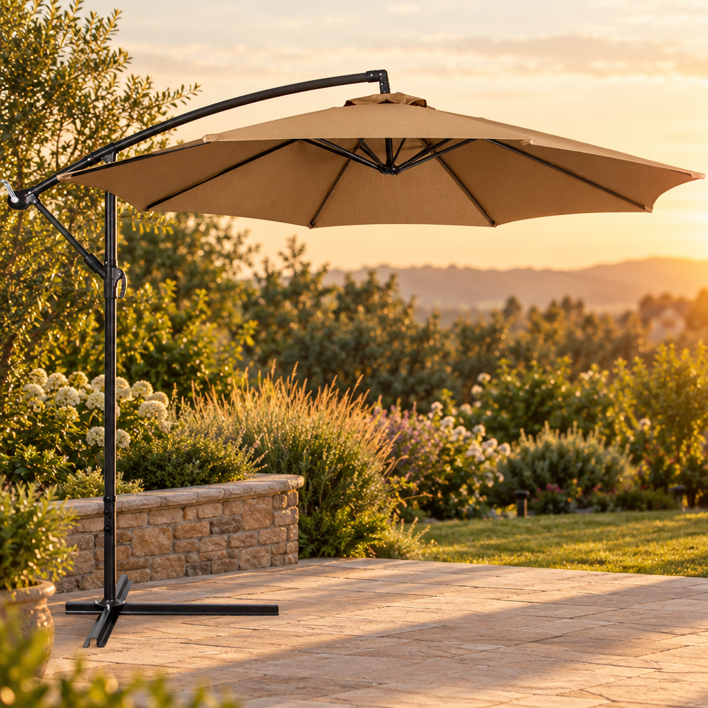Side Post Patio Umbrella, 9.8 ft, 8 Iron Ribs, Coffee
