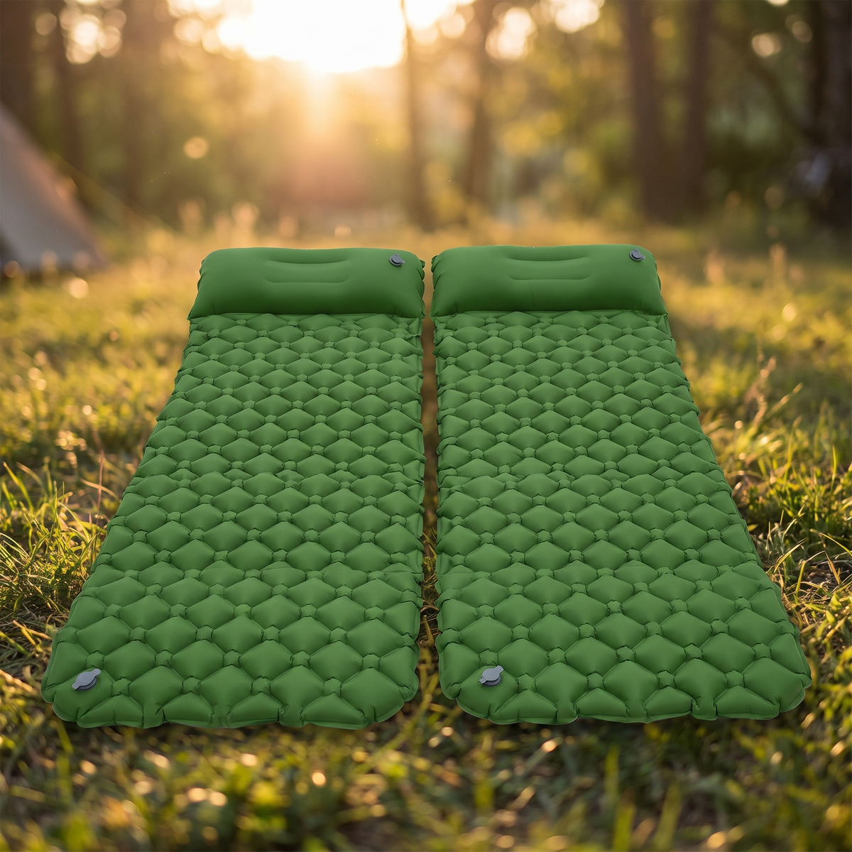 Inflatable Double Camping Air Mat, 2 Pack, Army Green