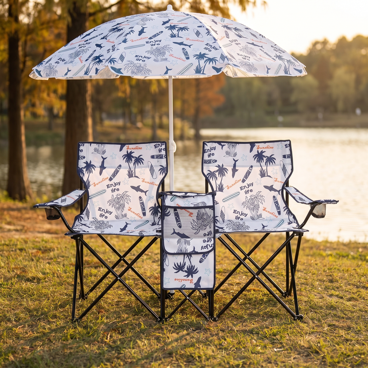 2-Seat Camping Chair with Parasol, Coconut Tree Pattern