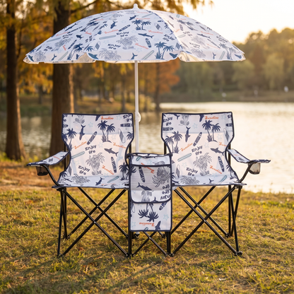 2-Seat Camping Chair with Parasol, Coconut Tree Pattern