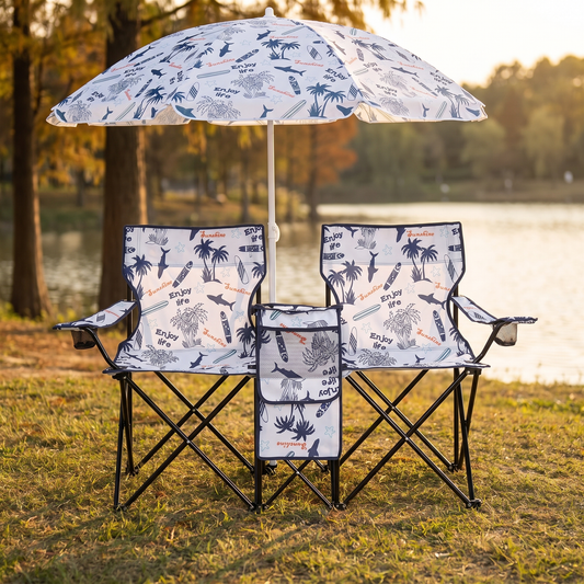 2-Seat Camping Chair with Parasol, Coconut Tree Pattern