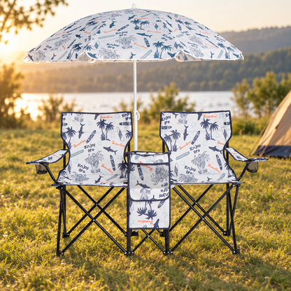 2-Seat Camping Chair with Parasol, Coconut Tree Pattern