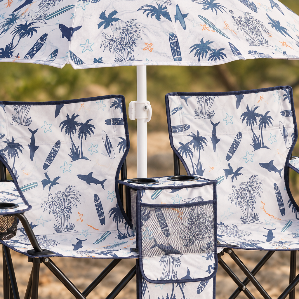 2-Seat Camping Chair with Parasol, Coconut Tree Pattern