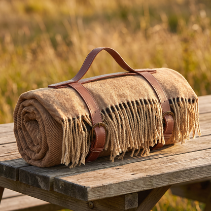 Tassel Picnic Blanket with Leather Strap, Coffee