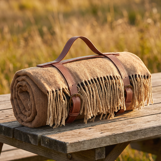 Tassel Picnic Blanket with Leather Strap, Coffee