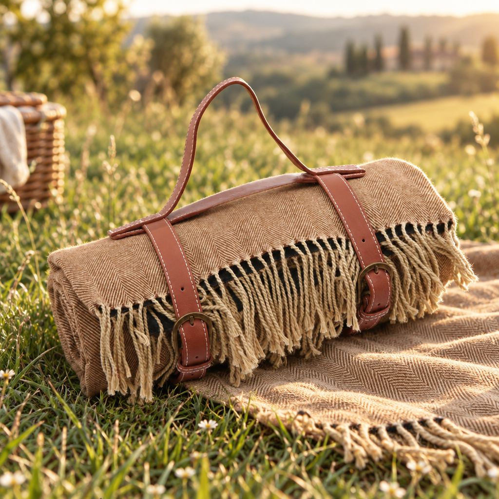 Tassel Picnic Blanket with Leather Strap, Coffee