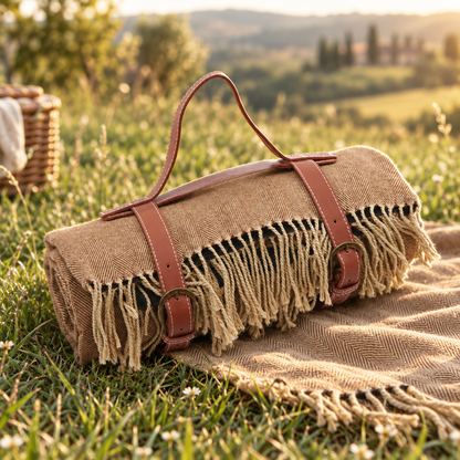 Tassel Picnic Blanket with Leather Strap, Coffee
