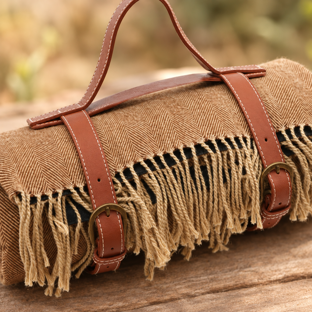 Tassel Picnic Blanket with Leather Strap, Coffee