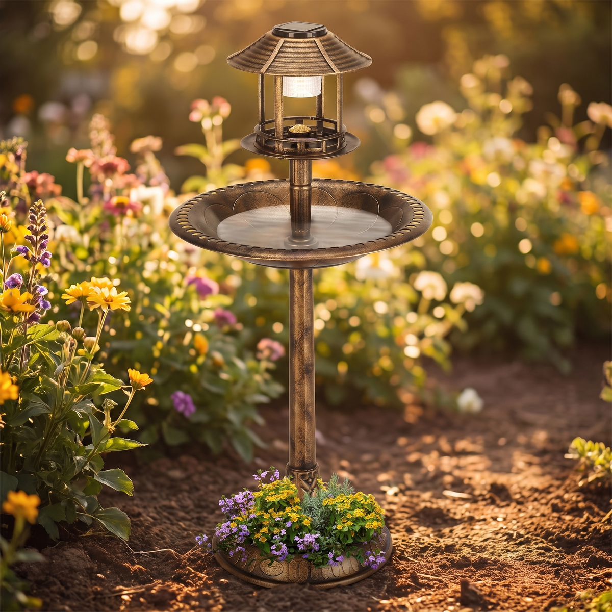 Bird Bath with Solar Light, Bronze, 42 in