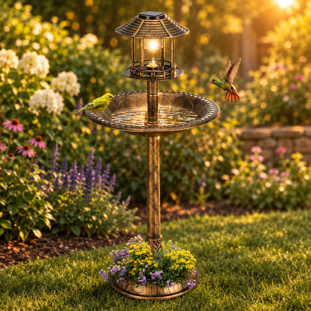 Bird Bath with Solar Light, Bronze, 42 in