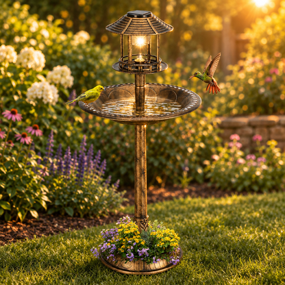 Bird Bath with Solar Light, Bronze, 42 in