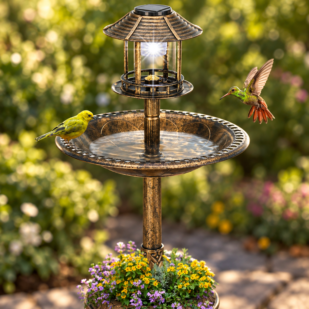 Bird Bath with Solar Light, Bronze, 42 in