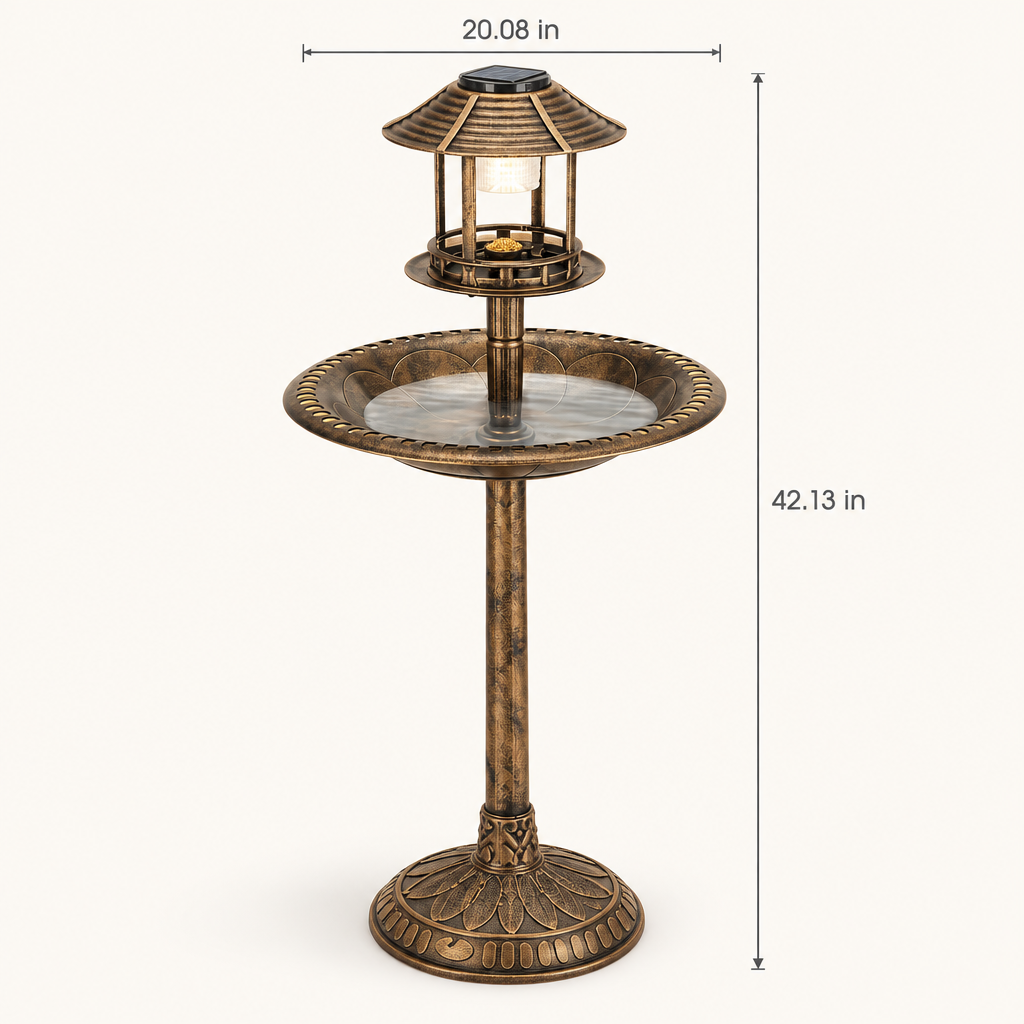 Bird Bath with Solar Light, Bronze, 42 in dimensions