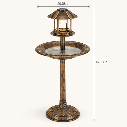 Bird Bath with Solar Light, Bronze, 42 in dimensions