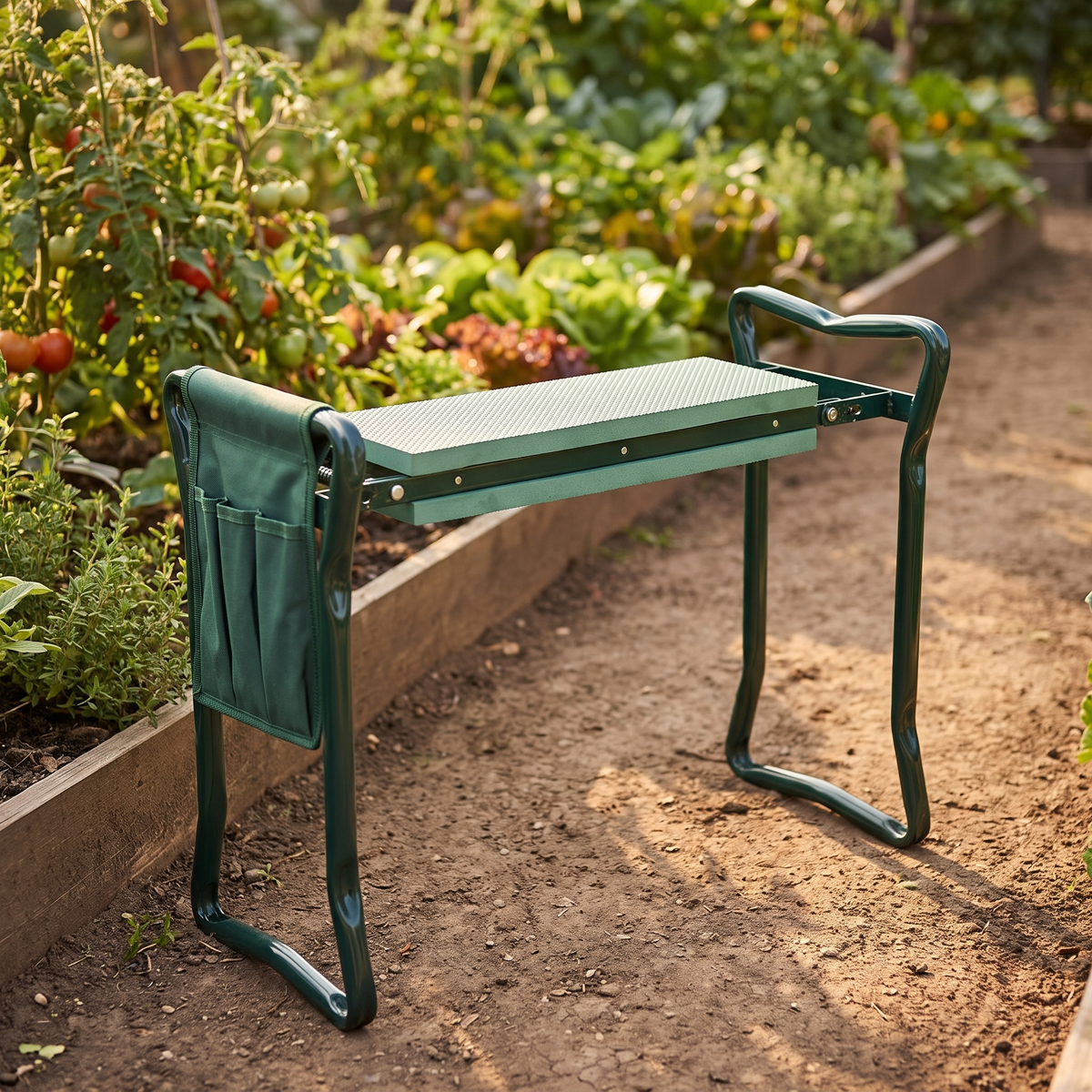 Foldable Garden Kneeler and Seat with Tool Pouch, Dark Green