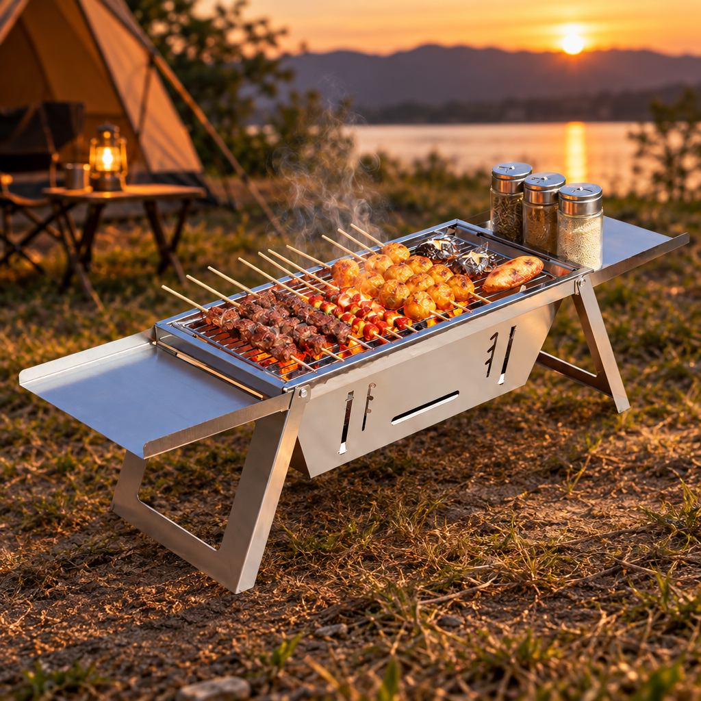 3-in-1 Folding Charcoal Grill and Fire Pit, Stainless Steel