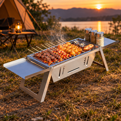 3-in-1 Folding Charcoal Grill and Fire Pit, Stainless Steel