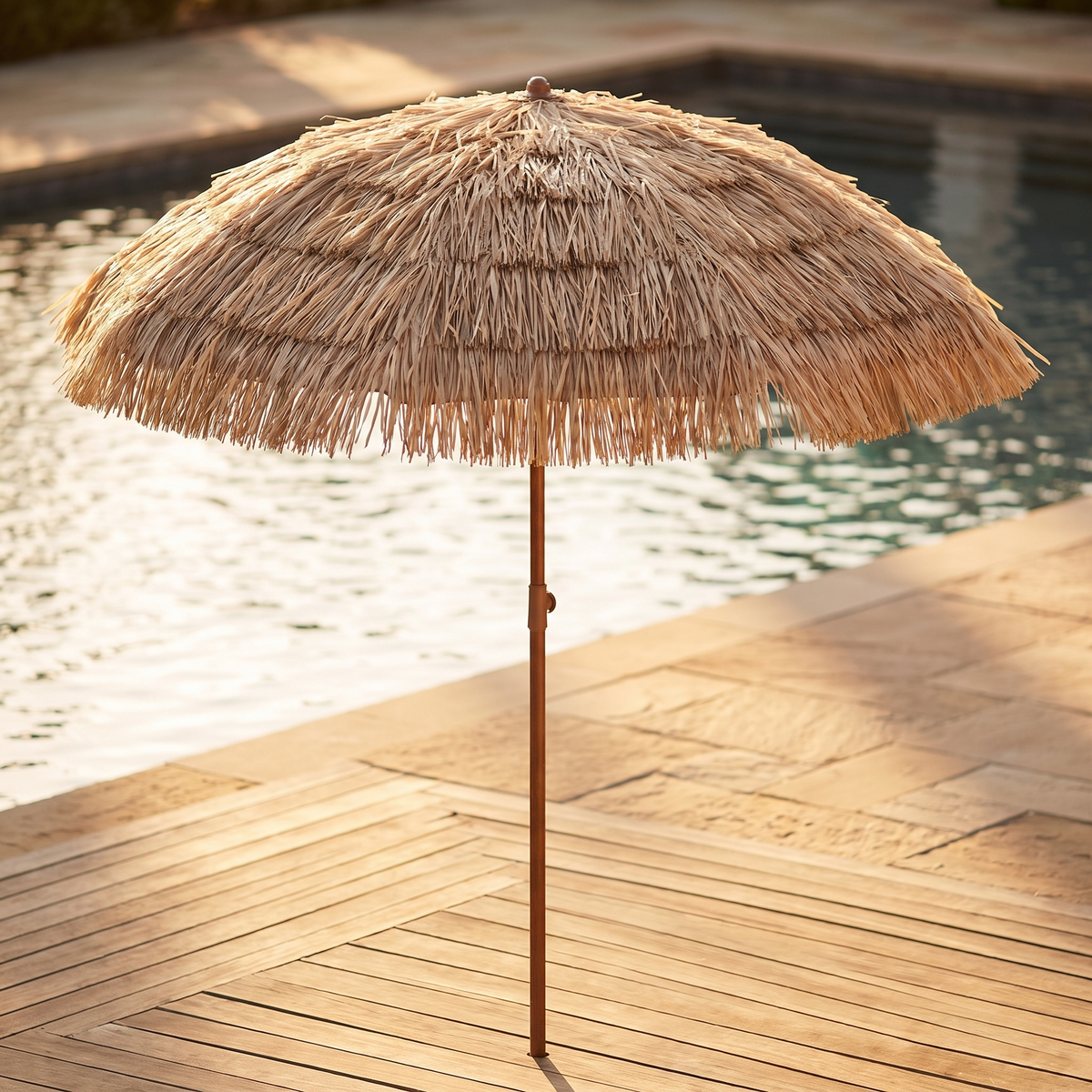 6 ft Thatched Patio Umbrella for Poolside and Beach, Wood