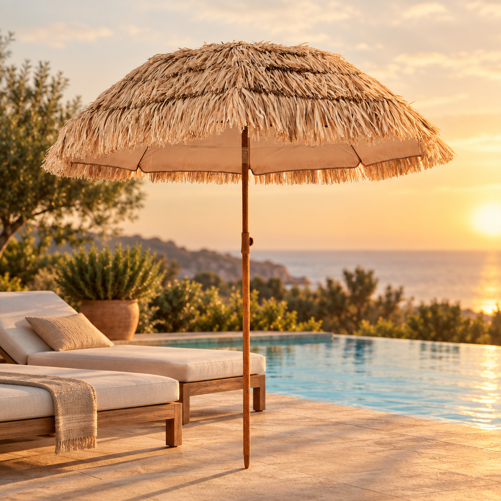 6 ft Thatched Patio Umbrella for Poolside and Beach, Wood
