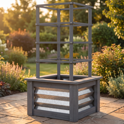 Wooden Raised Garden Bed with Trellis, Gray