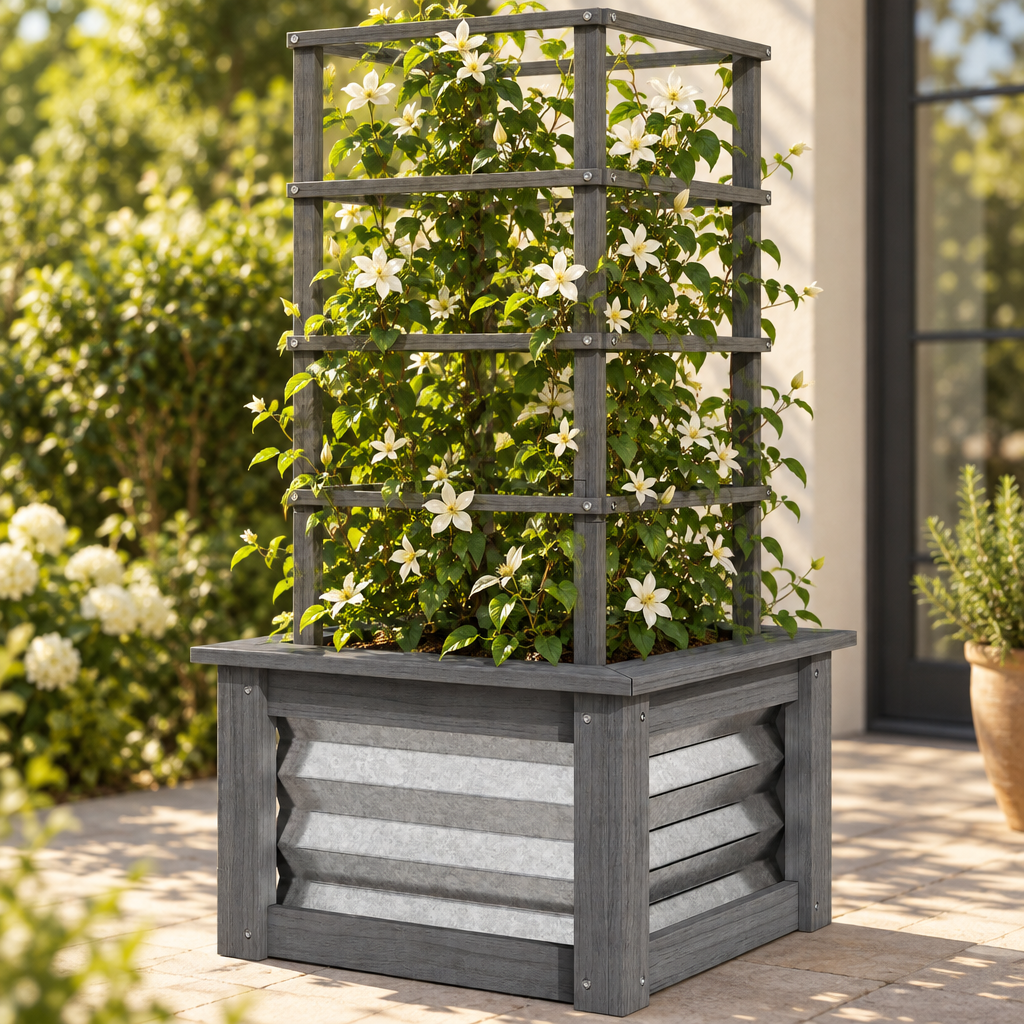 Wooden Raised Garden Bed with Trellis, Gray