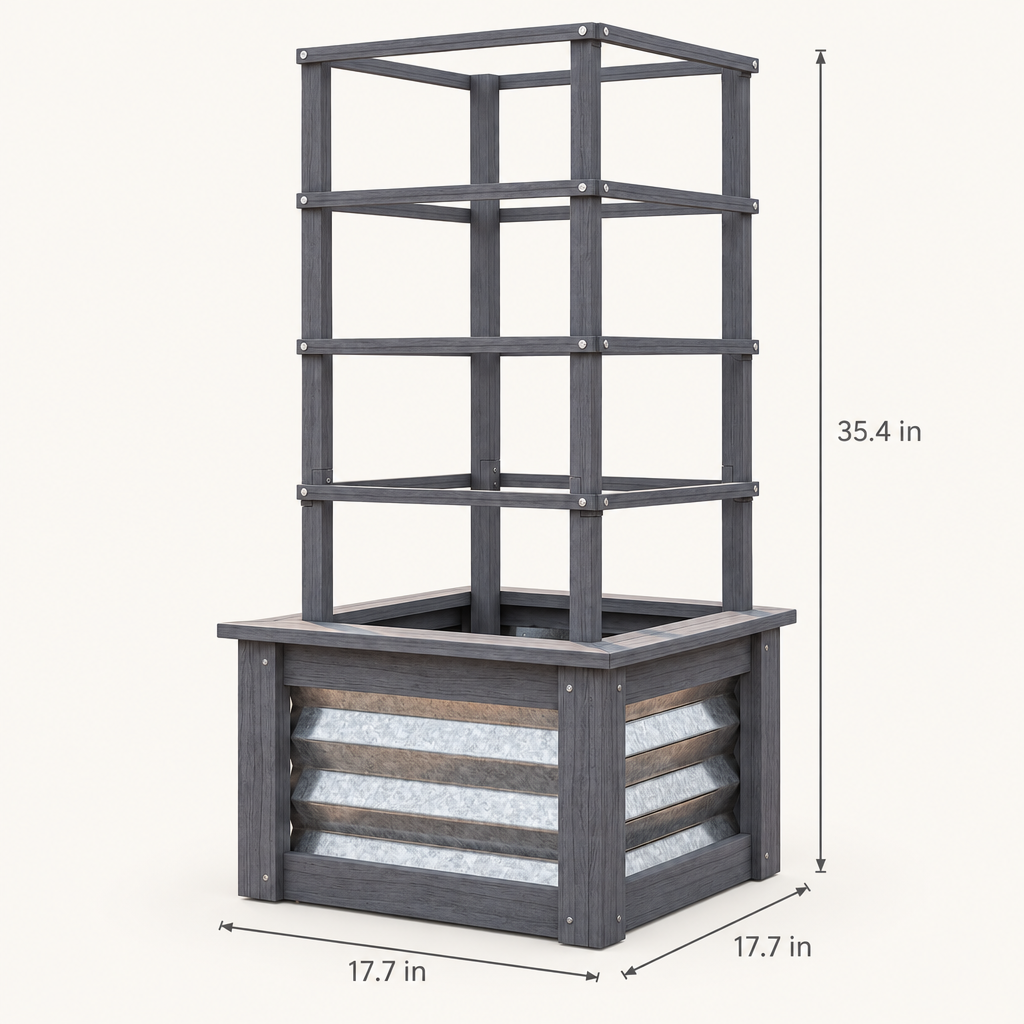 Wooden Raised Garden Bed with Trellis, Gray dimensions