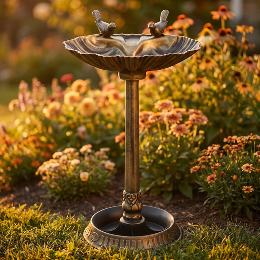32 in Antique Bird Bath and Feeder, Two Basins, Bronze