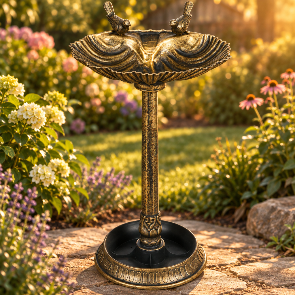 32 in Antique Bird Bath and Feeder, Two Basins, Bronze