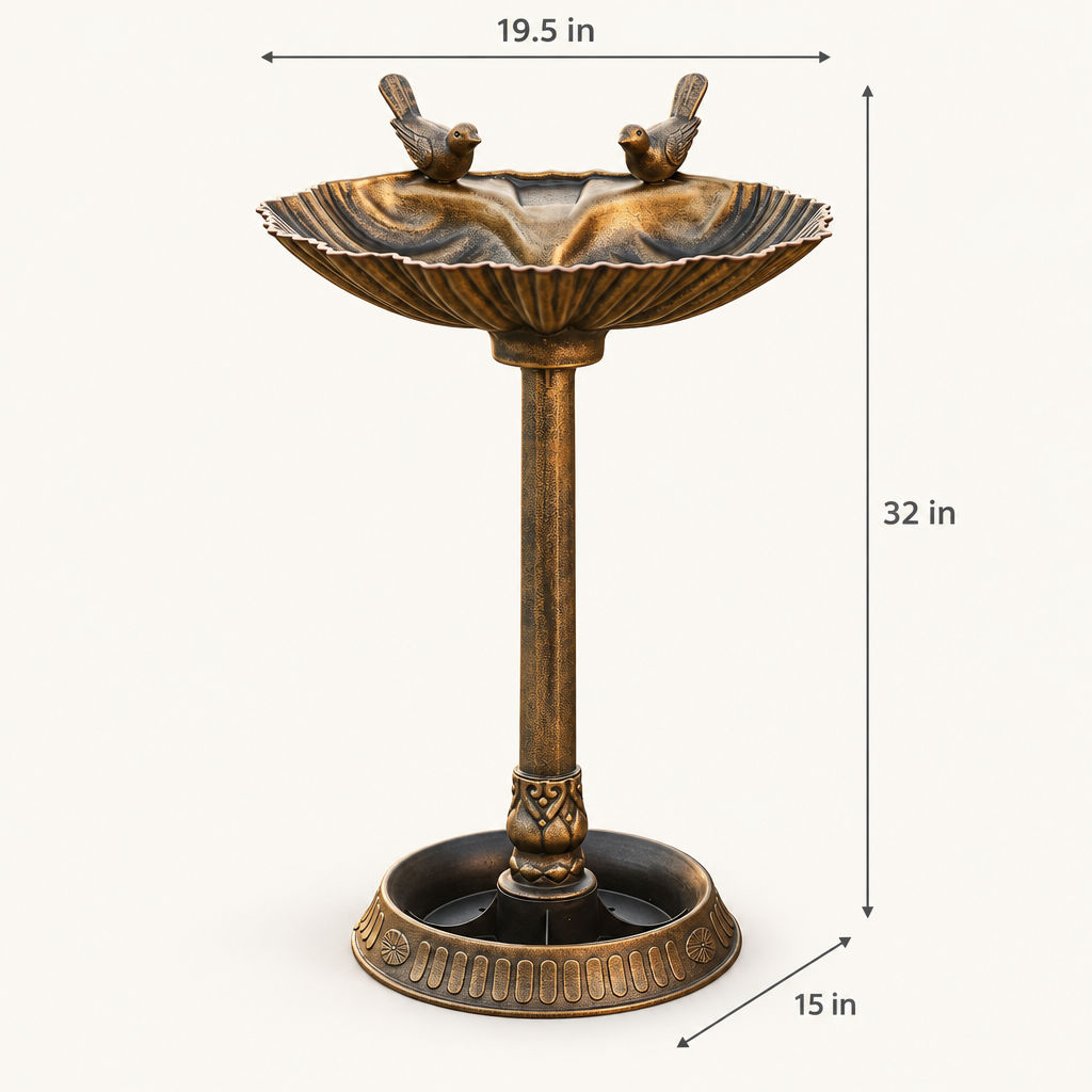 32 in Antique Bird Bath and Feeder, Two Basins, Bronze dimensions