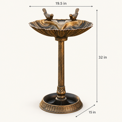 32 in Antique Bird Bath and Feeder, Two Basins, Bronze dimensions