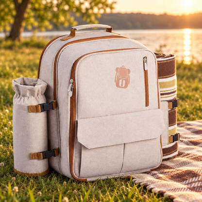 4-Person Picnic Backpack with Cooler and Blanket