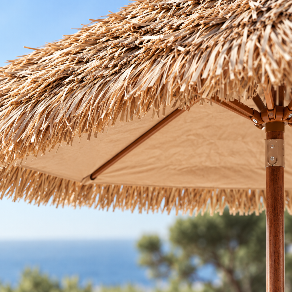 9 ft Thatched Patio Umbrella with 30-Degree Tilt, Natural