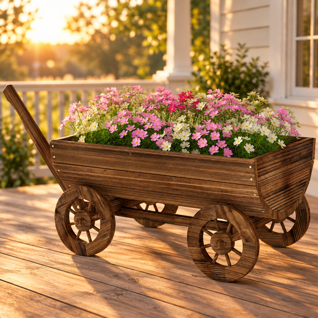 Wooden Wagon Planter Box with Wheels