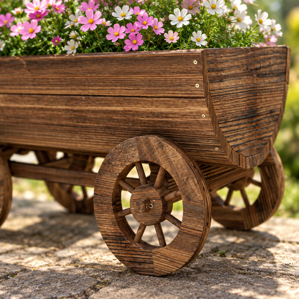 Wooden Wagon Planter Box with Wheels