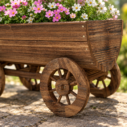 Wooden Wagon Planter Box with Wheels