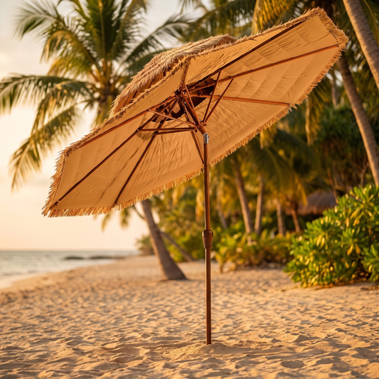 9 ft 2-Tier Thatched Patio Umbrella with 30-Degree Tilt, Natural