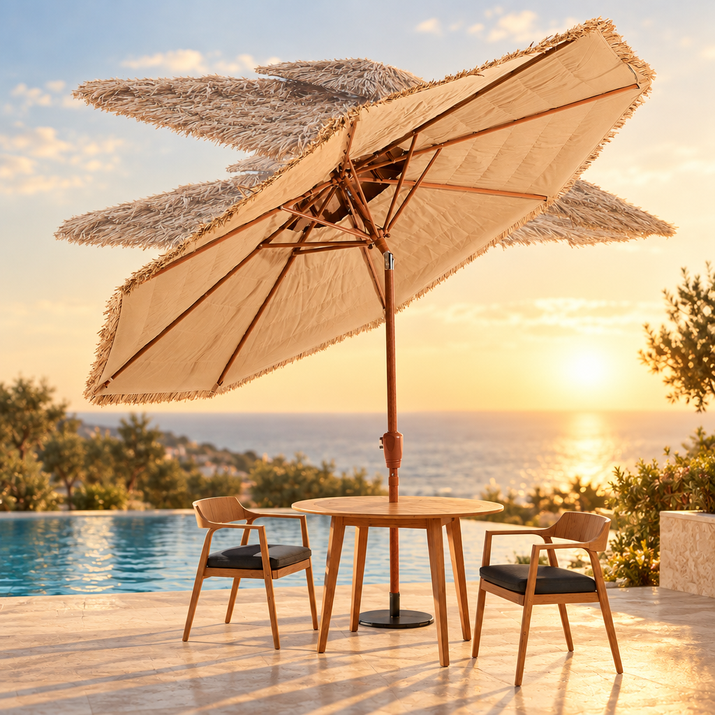 9 ft 2-Tier Thatched Patio Umbrella with 30-Degree Tilt, Natural