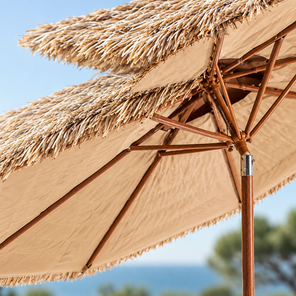 9 ft 2-Tier Thatched Patio Umbrella with 30-Degree Tilt, Natural