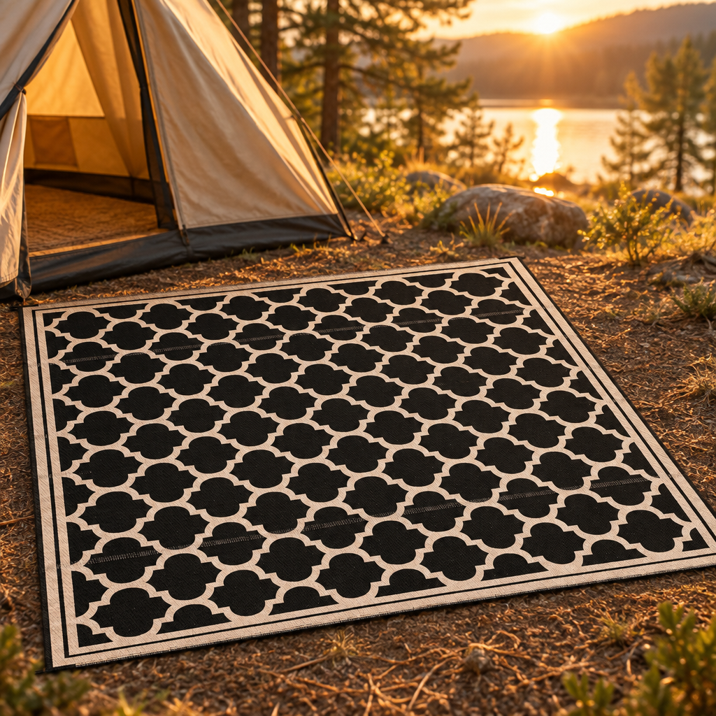 Reversible Outdoor Rug, Black and Beige