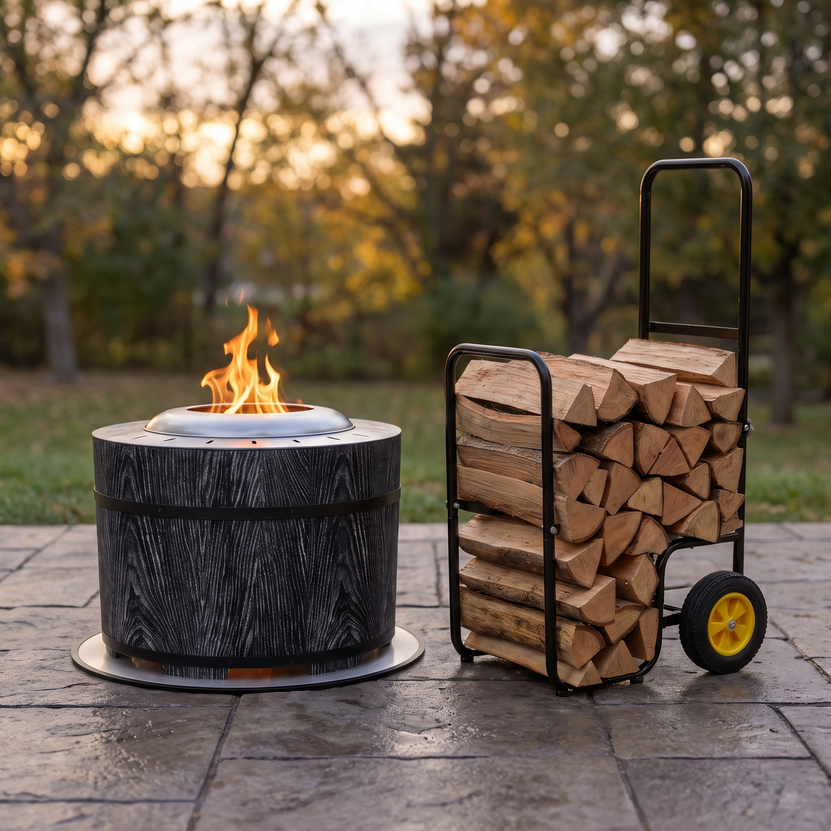 Fire Pit and Rolling Log Cart Set