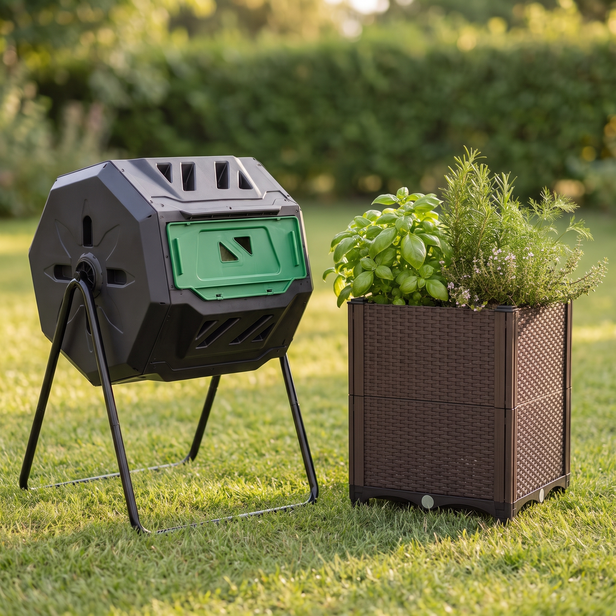 Tumbling Compost Bin and Self-Watering Garden Bed Set